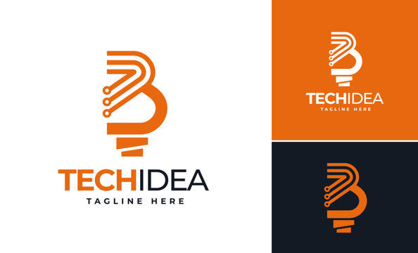 Minimalist letter B light bulb logo designs template, Cool tech idea circuit designs logo concept
