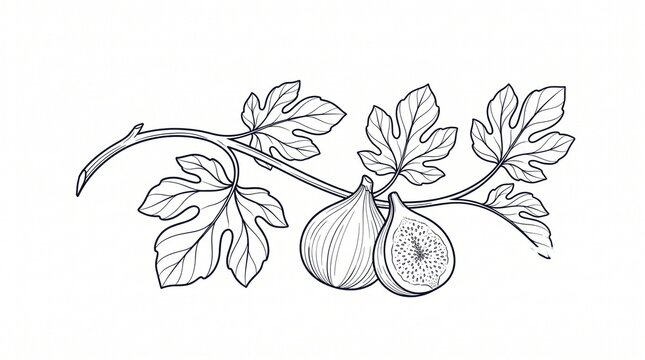 A black-and-white botanical line drawing depicting a leafy fig tree branch with one whole fig fruit and one half fig, isolated on a white backdrop.