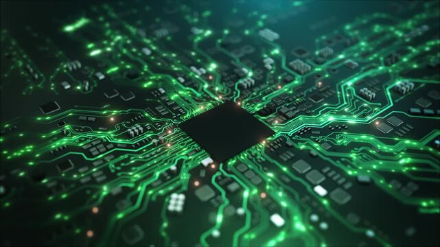 Luminous pathways connect chip intricate components motherboard. precise electronic computing explainers, semiconductor presentations, hardware features, engineering stories digital infrastructure.