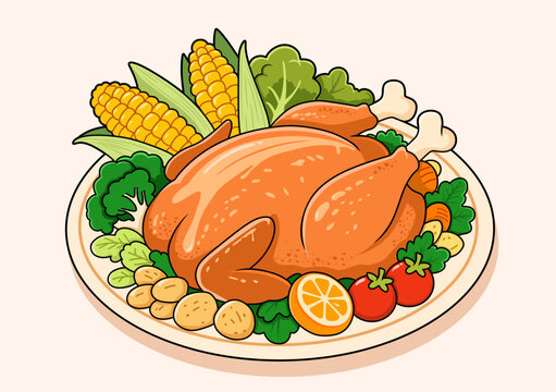 Roasted turkey with vegetables on platter vector illustration
