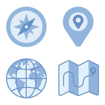 Set of four blue travel navigation and world geography vector icons with navigation location geography direction destination collection adventure orientation continent wayfinding minimalist