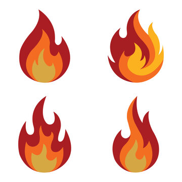 Set of four stylized fire flame icons in flat design vector illustration with illustration abstract template combustion isolated collection creative