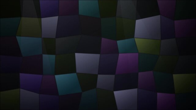 Dark polygonal shapes create a moody abstract mosaic with subtle hints of purple, teal, and olive green.