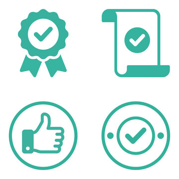 Set of four teal success and approval icons with check marks and thumb up approved document verified illustration validation completion positive feedback agreement business finished