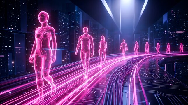 Group of glowing pink human figures walking along bright neon data pathways in a dark futuristic city landscape