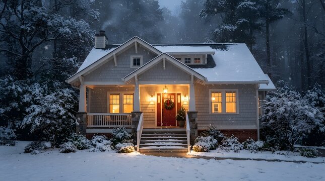 Charming cottage house exterior at dusk during a winter snowfall, with warm glowing lights and a festive wreath on the front door