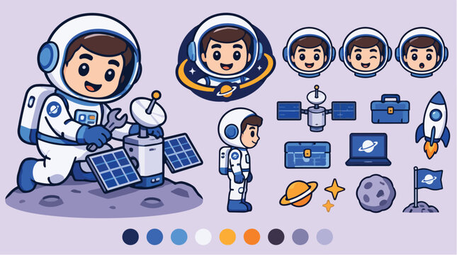 Astronaut character kit with lunar base equipment icons.