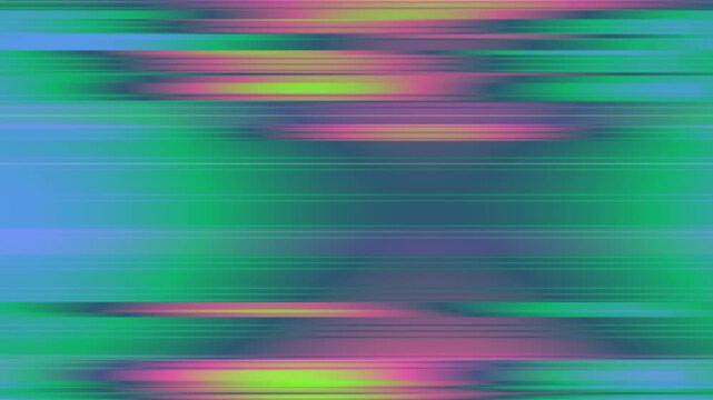 Vibrant digital glitch effect with horizontal streaks of green, blue, pink, and yellow light.