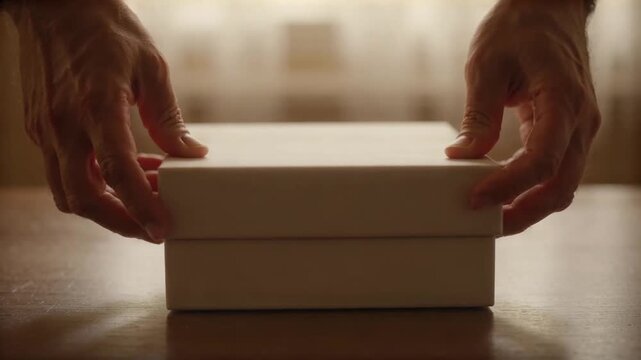 Hands lowering a rigid lid onto a gift box