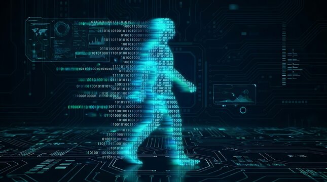 Human silhouette walking made of blue binary code data streams on a dark circuit board background surface