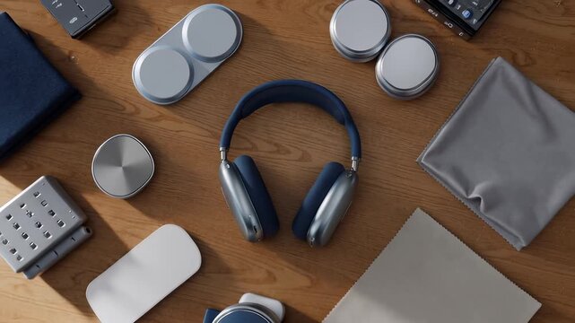 Overhead view of modern wireless headphones on a light wooden desk