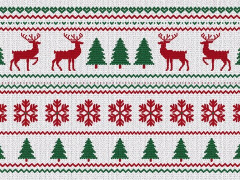 Seamless christmas sweater pattern with red reindeer, green trees and snowflakes on a white background