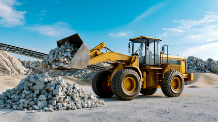 Fototapeta premium A yellow bulldozer is loading a pile of gray rocks onto a conveyor belt