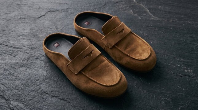 brown mens suede loafers on dark textured background close up