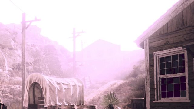 A soft mist envelops an old settlement at dawn, revealing a weathered wagon and rustic buildings. Power lines frame the scene, creating a hauntingly beautiful atmosphere.