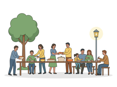 People sharing a big meal at long table outdoor vector illustration