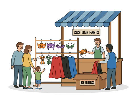 Family shopping at a costume parts stall vector illustration