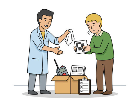 Two men unpacking cardboard box with scientific equipment vector
