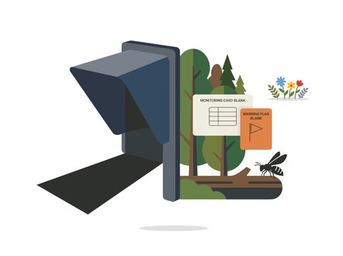 Forest monitoring trap with monitoring card and warning flag
