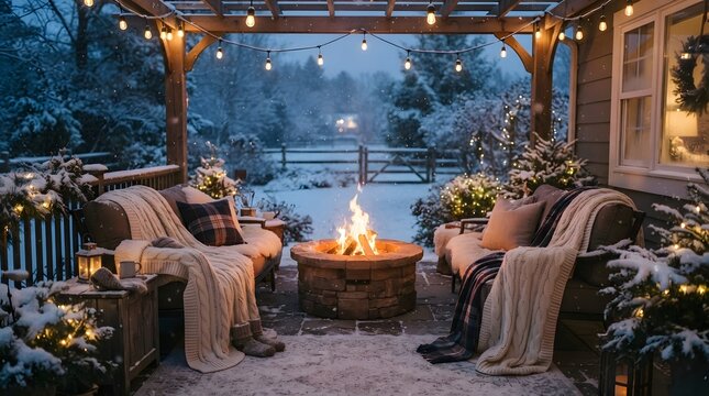 Cozy outdoor patio with a stone fire pit, comfortable seating, and warm string lights during a snowy winter evening