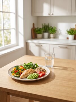 Healthy balanced meal with grilled chicken, fresh vegetables, avocado and whole grains served on a plate in a modern home kitchen, representing healthy eating and balanced nutrition.
