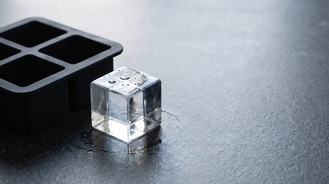 Crystal clear directional freezing cocktail craft ice cube with water droplets beside matte black silicone cube mold tray on wet dark basalt bar counter for luxury mixology beverage drink