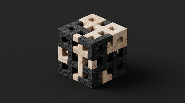 3D minimal bio ceramic net zero carbon cube on dark charcoal background