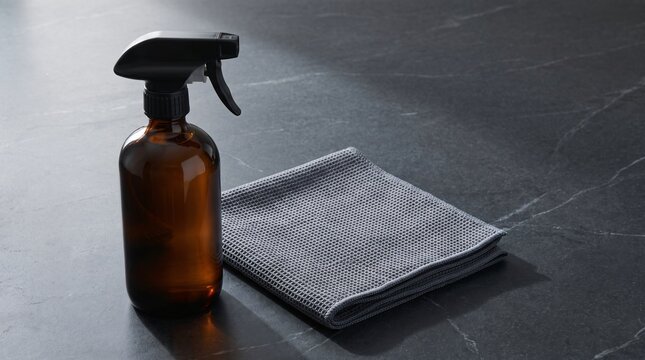 Refillable dark amber glass spray bottle with black trigger nozzle beside folded gray waffle microfiber cleaning cloth on eco household for zero waste eco household surface housekeeping