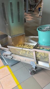 Yellow puffed snacks pass beneath a ventilated processing unit beside a large fan on a guarded factory conveyor