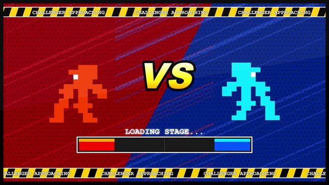 Retro Pixel Video Game Loading Screen with Progress Bar Animation and Red vs Blue Player Avatars