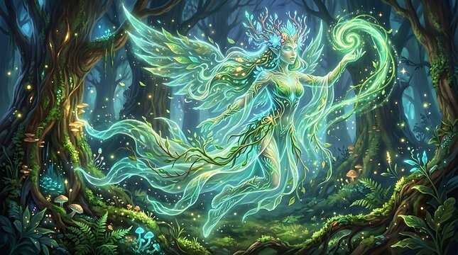 Radiant forest spirit with glowing green energy and antler-like crown, floating in a dark mystical woodland