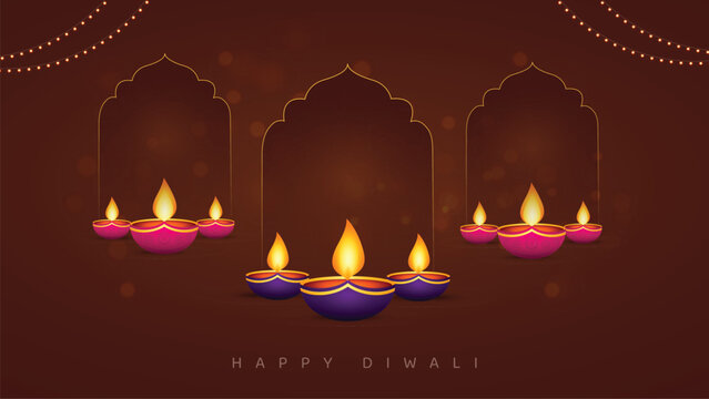 Elegant Diwali festival banner featuring three decorative arch niches with glowing diyas, warm golden lighting, ornamental details, and a rich brown background for festive celebrations.