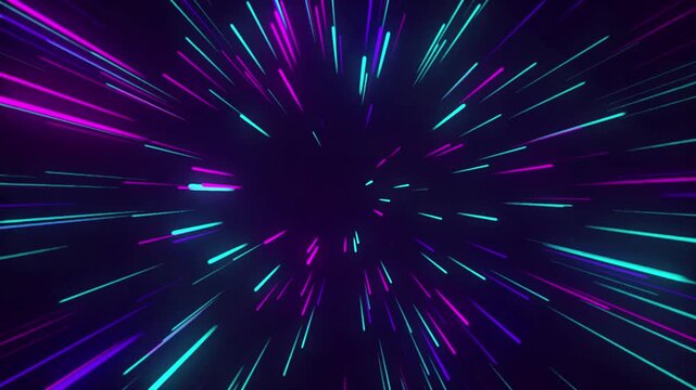 Infinite futuristic background with vibrant and wonder lights. Metaverse concept. Neon line zoom meteor space ping green blue violet theme