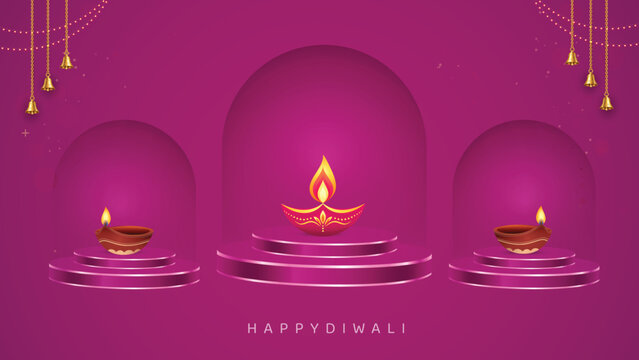 Elegant Diwali festival background featuring three glowing diyas displayed on decorative podiums with arched niches, hanging ornaments, warm lighting, and a rich magenta backdrop.