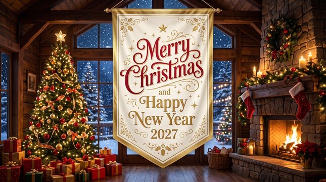 merry christmas, happy new year, happy new year 2027, 2027, christmas banner, christmas pennant, hanging banner, christmas decoration, christmas tree, decorated christmas tree, christmas lights, chris