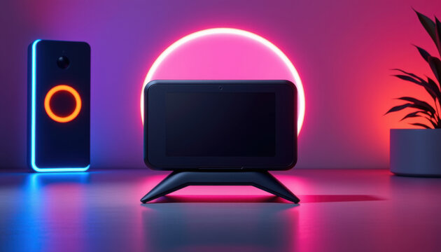 Futuristic Tech Scene with Neon Lighting and Modern Devices