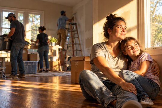 Mother and daughter sit together as volunteers renovate their home. Community home repair for a single mother and family. Christian service and volunteer work. Housing support
