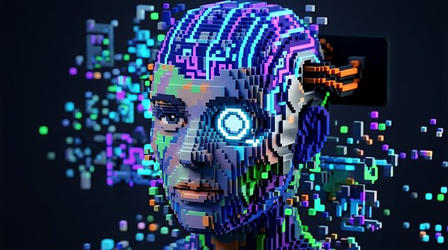 Voxel style human head portrait with glowing blue eye and digital pixelated particles on a dark background, ai
