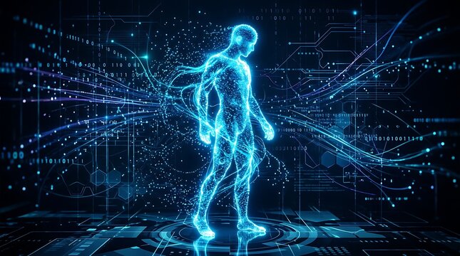 Walking human silhouette composed of glowing blue digital particles and data streams on a dark tech background