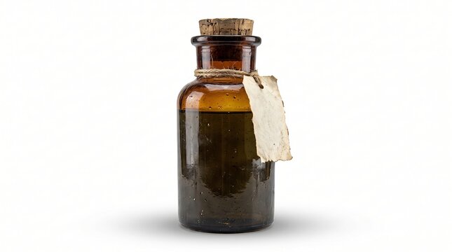 Vintage amber glass apothecary potion bottle with cork stopper and blank label tag isolated on white background