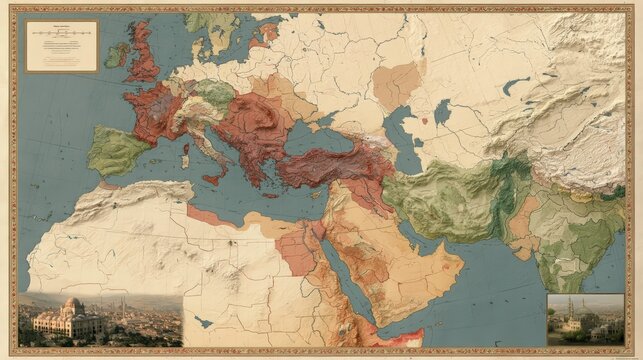 Historical relief map showing ancient Mediterranean territories Roman Empire regions Europe North Africa and Middle East