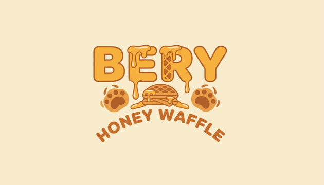 Playful logo design for Bery Honey Waffle featuring sweet dripping honey on letters, a waffle sandwich, and bear paws.