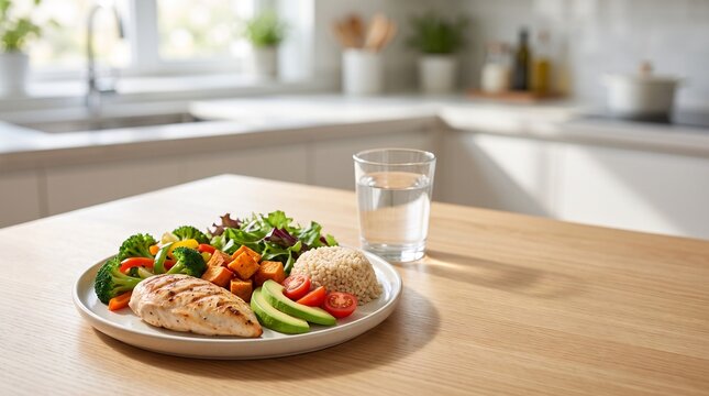Healthy balanced meal with grilled chicken, fresh vegetables, avocado and whole grains served on a plate in a modern home kitchen, representing healthy eating and balanced nutrition.