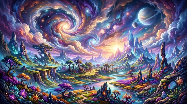 A surreal fantasy landscape with glowing trees and a winding river under a swirling colorful nebula sky