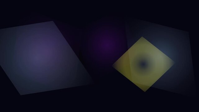 Glowing rectangular panels float in a dark space with purple, yellow, and blue light effects.