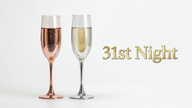 Two champagne flutes one rose gold filled with sparkling rose liquid and one silver filled with sparkling gold liquid with 31st night text