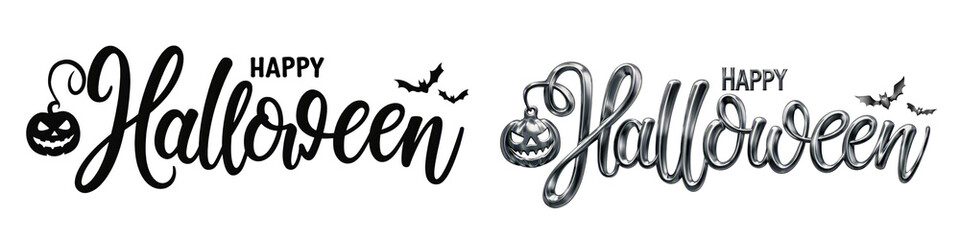 Happy Halloween typography text design with metallic silver style and mini pumpkin on black © Bright Stock