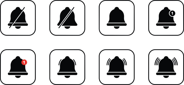 Set of eight black notification bell icons in rounded square frames with muted, ringing, unread badge and alert variations for apps and websites