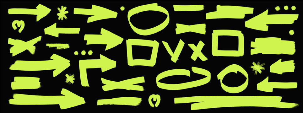 Marker highlight collection in lime green on black with arrows and doodle frames. Rough brush texture with circles, symbols and dots. Vector highlighter set for video callout or presentation graphic