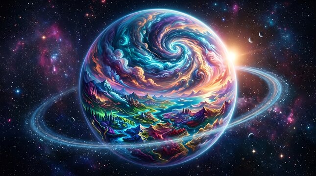 A vibrant fantasy planet with swirling colorful clouds and glowing rings floating in deep dark outer space